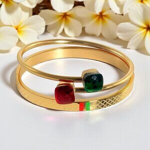 🆕 2-Piece Gold Plated Stainless Steel Cuff & Bangle Set With Rhinestone Charms